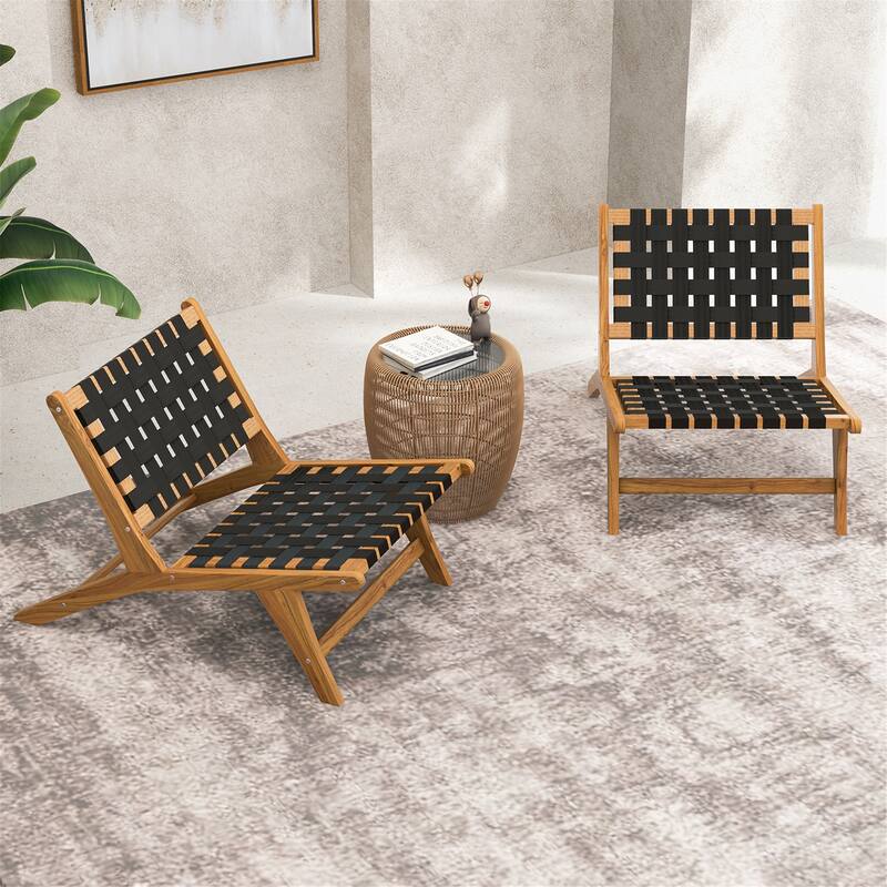 Gymax Teak Wooden Chair w/ Woven Webbing Seat & Backrest for Patio Mid