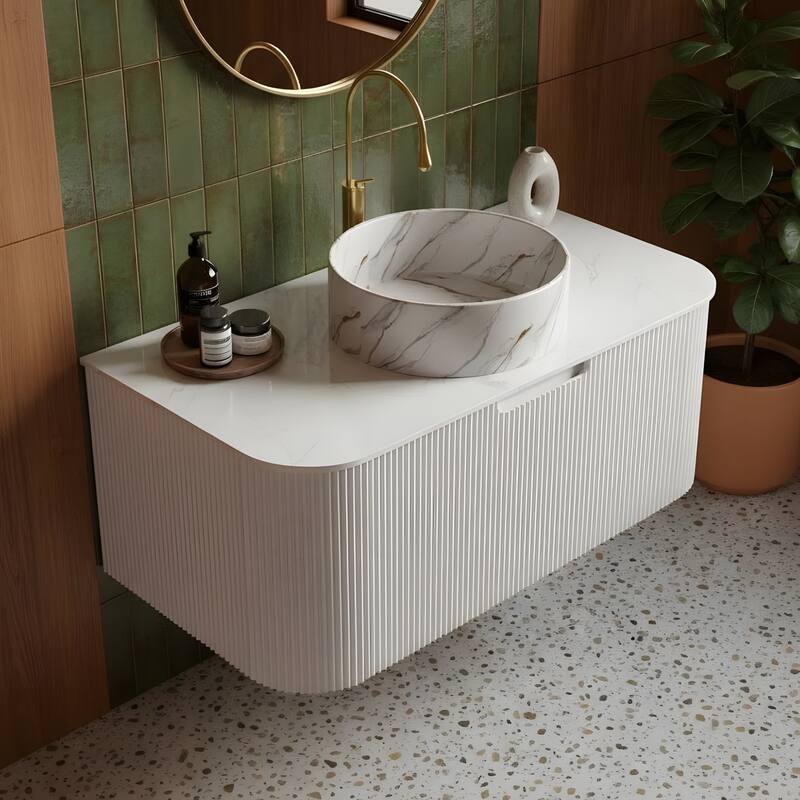 Floating Bathroom with Round Ceramic Basin and Storage Drawer