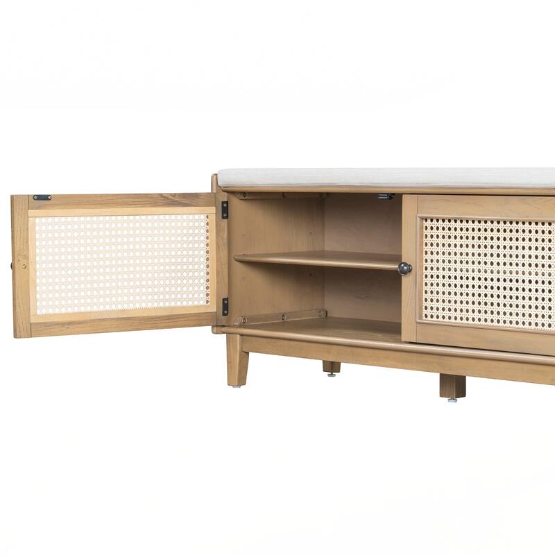 Rattan Entryway Bench with Storage, Cushioned Shoe Bench with Double Doors