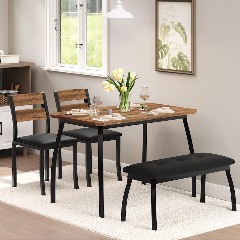 4-Piece Dining Table, With 2 Chairs and PU Upholstered Bench - Rustic Brown
