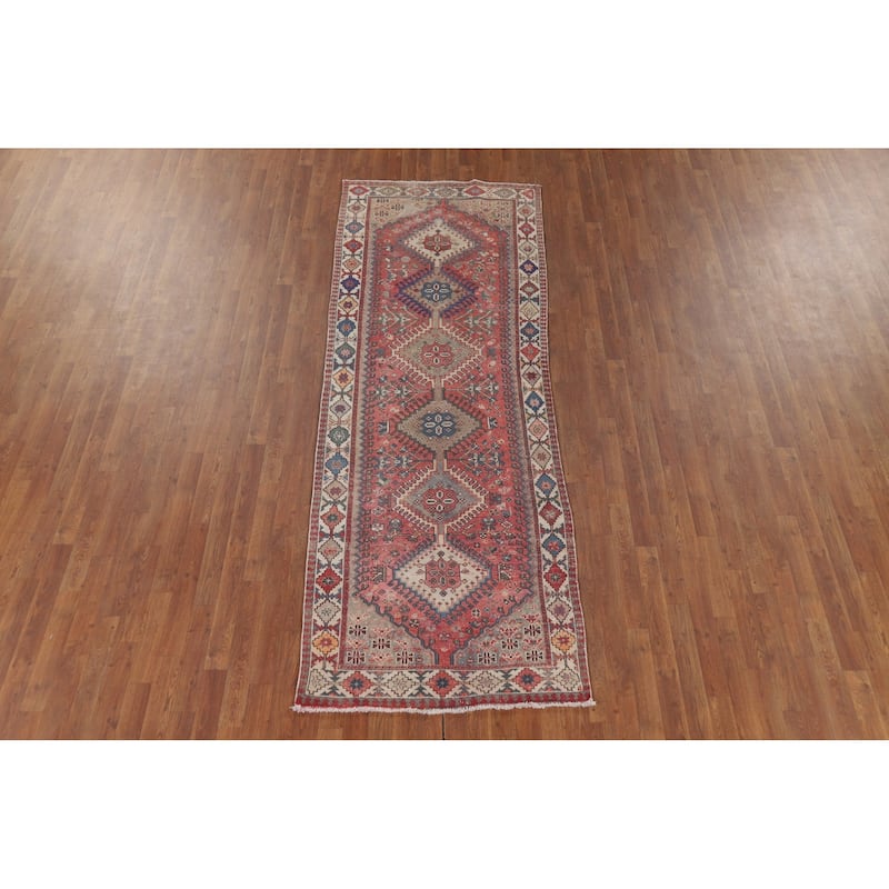 Distressed Bakhtiari Persian Vintage Runner Rug Handmade Wool Carpet - 3'5" x 9'10"