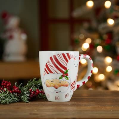 Santa With Holly Leaf Ceramic Coffee Mug - 6.25" - White and Red - Set of 2