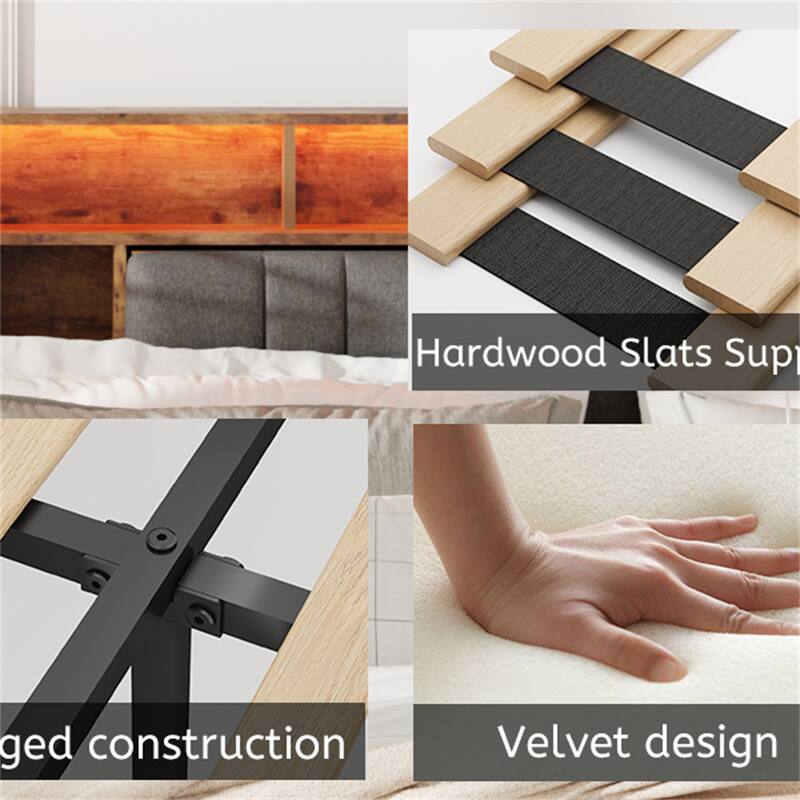 Queen Size LED Upholstered Platform Bed with Charging Station