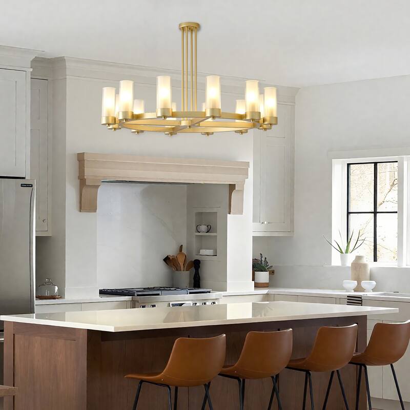 12 - Light Modern Round Chandelier with Frosted Glass Cylinder Shades