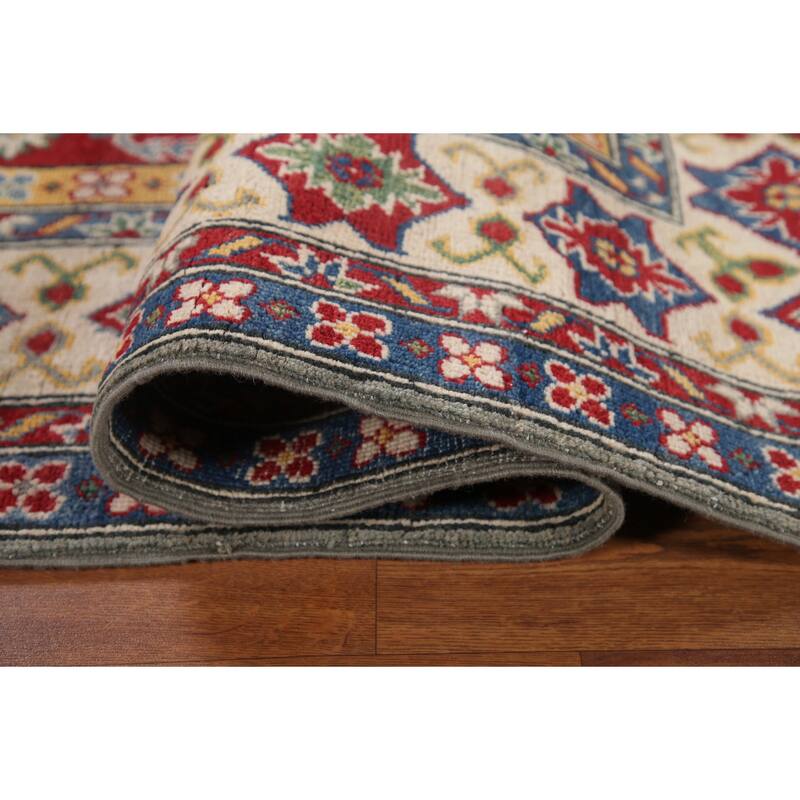 Hand Knotted Oriental 100% Wool Carpet Traditional Geometric Greys & Charcoal Kazak Area Rug - 9' 10'' X 6' 9''