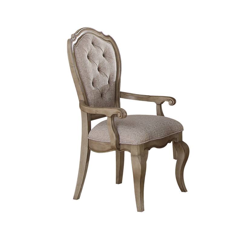 HomeRoots Set of Two Tufted Beige and Taupe Upholstered Fabric And Solid Wood Dining Arm Chairs