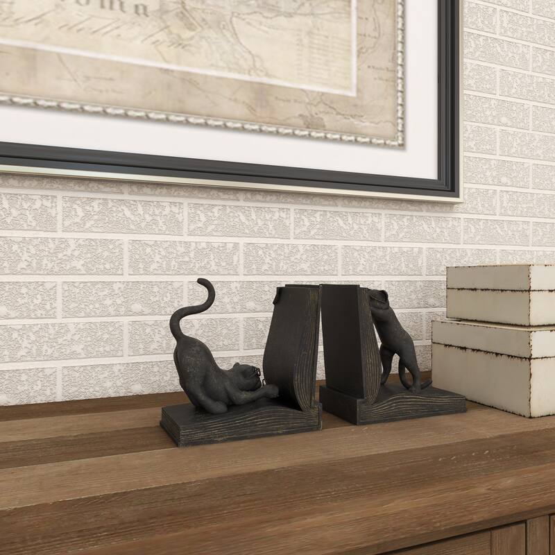 Black Polystone Reading Cat Decorative Bookends (Set of 2)