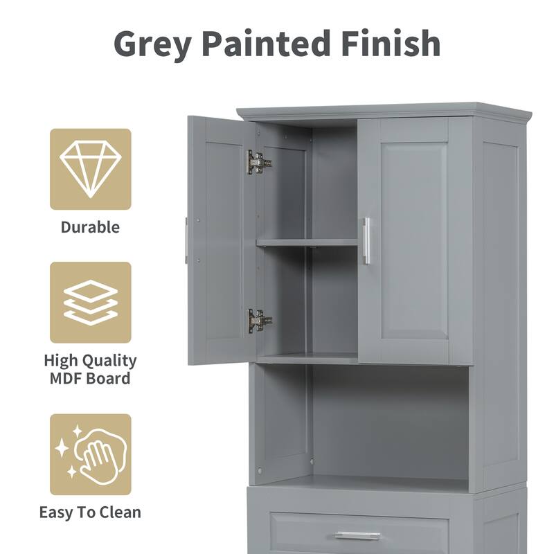 Tall Bathroom Linen Tower with Cabinet, Drawer and Hamper