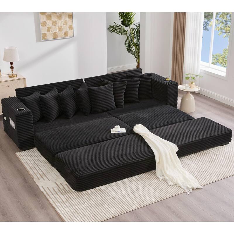 110.75" Corduroy Sectional Sofa, Convertible Sleeper Sofa Bed L-Shaped Upholstered Couch with Removable Footstool, Cup Holder