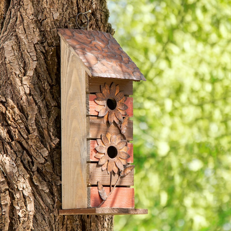 Glitzhome 14.5"H Two-Tiered Distressed Solid Wood Cottage Birdhouse with Flowers - 14.5"