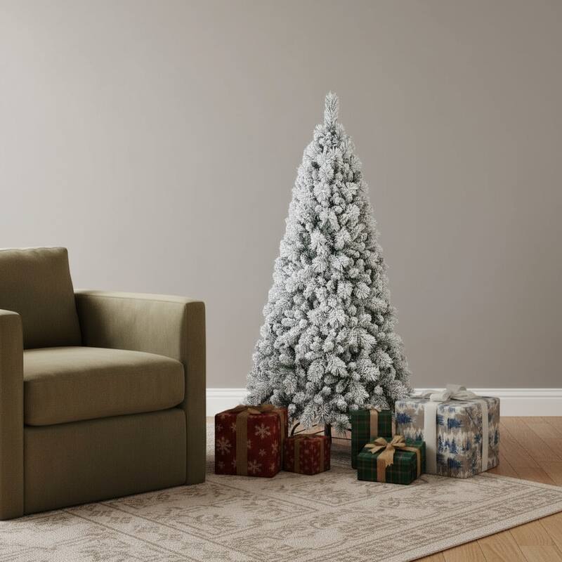 HomeRoots 9' Green And White Slender Flocked Pine Christmas Tree - 5 Foot