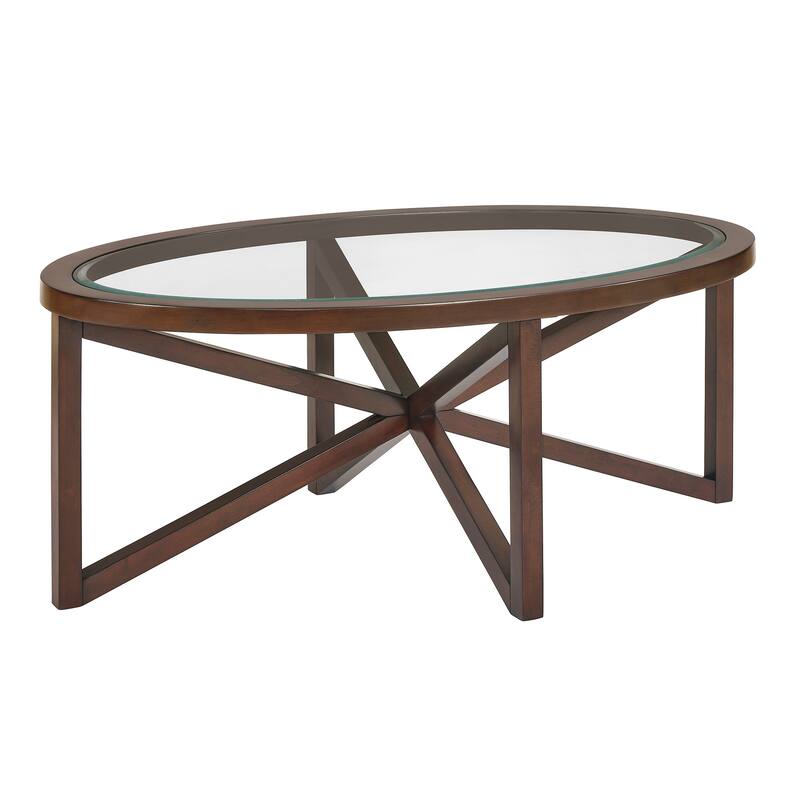 Roomfitters Modern Round Tempered Glass Coffee Table with Solid Wood Base, Clear Top Accent Table for Living Room