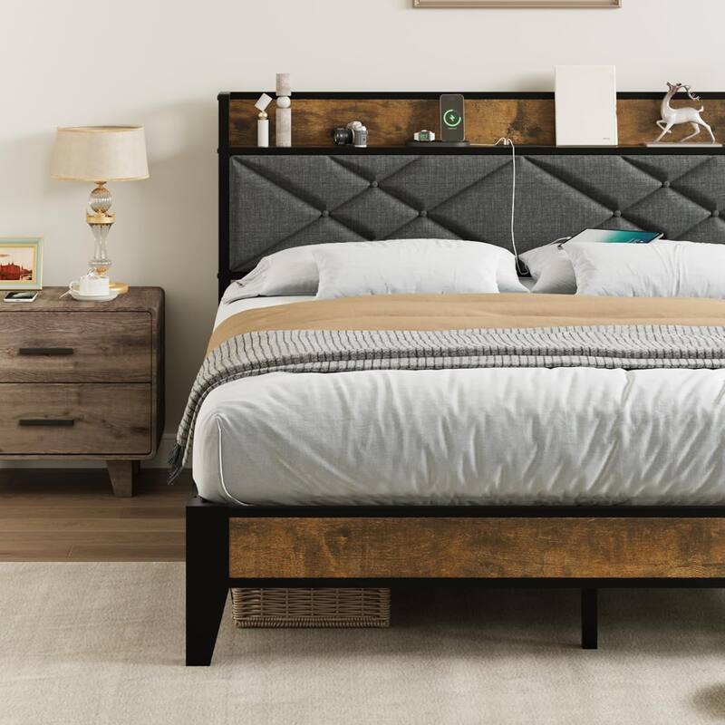 Metal Platform Bed Frame with Charging Station, Tufted Headboard, Storage Shelf & Steel Slats