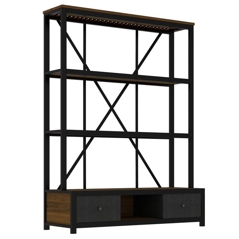 3-Shelf Metal Bookcase with Drawers for Home Office, Open Bookcase, Vintage Industrial Style Bookcase with LED