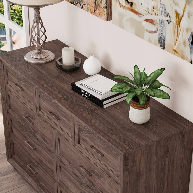 Modern 9-Drawer Dresser with Solid Wood Legs, Vintage Brown and White Wood Grain Options, Bedroom Storage Chest