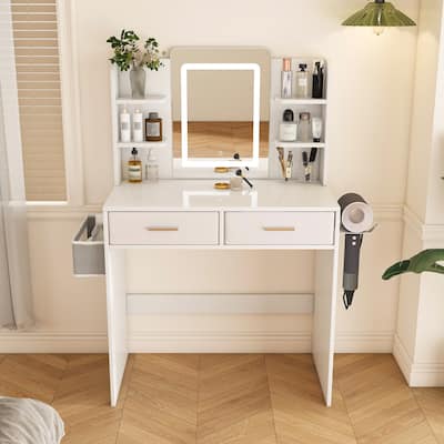 LED Mirror Vanity Dressing Table with Lights-3-Color Adjustable Light Strips,2 Large Drawers,Hair Dryer Stand