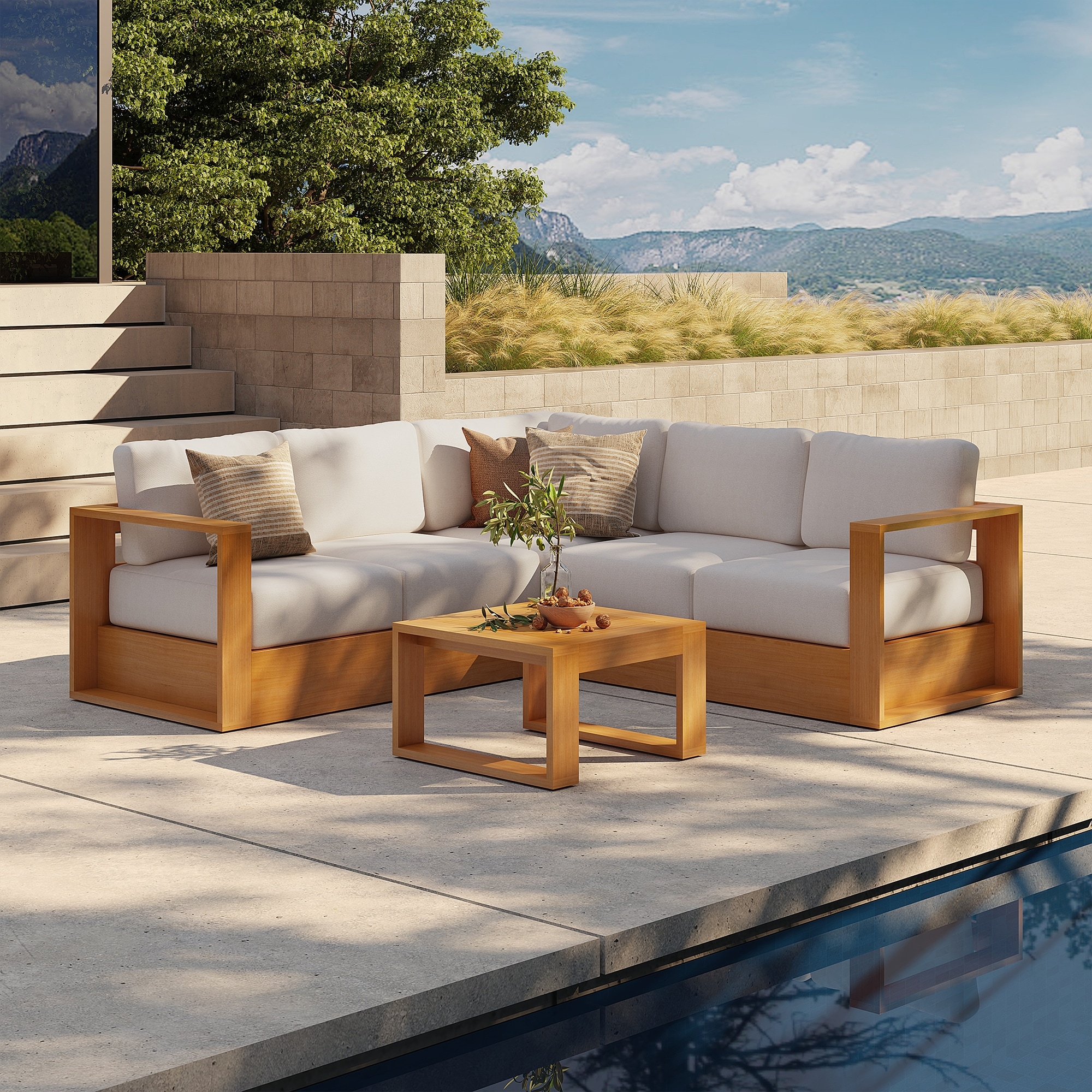 Modular Eucalyptus Outdoor L-Shaped Sofa Set with 7" Cushions