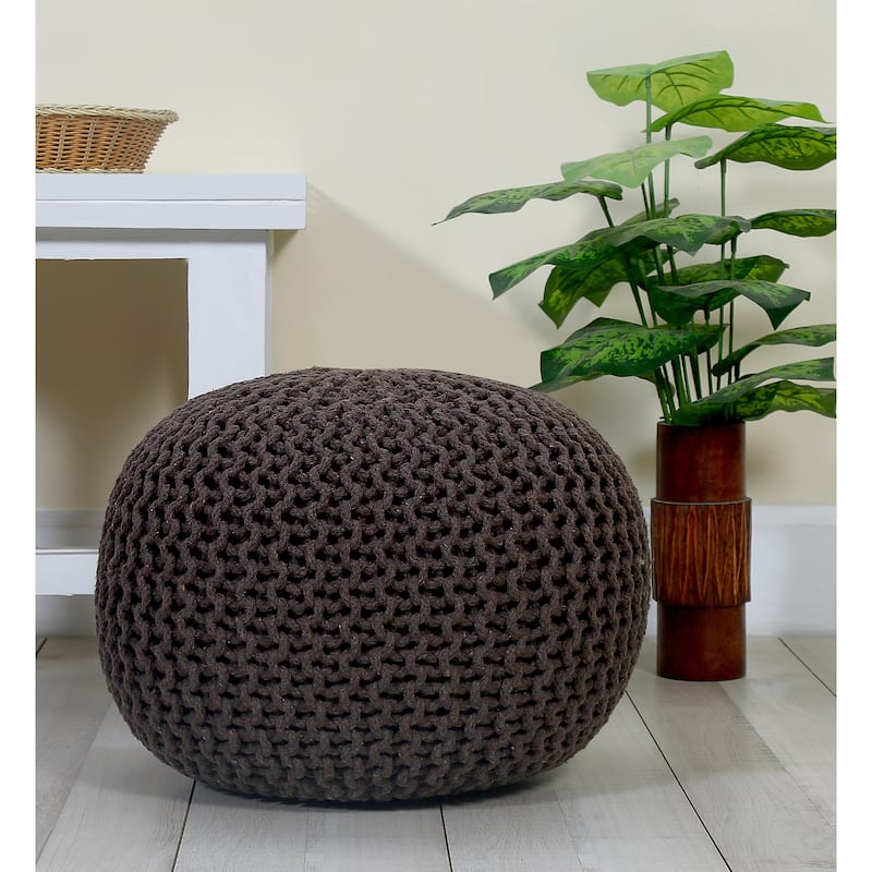 Hand Knitted Pouf Cotton Braided Cord Cable Ottoman - Foot Stool - Accent Seat Furniture Bean Bag - Living Room Kids - 18x18x14 - Brown