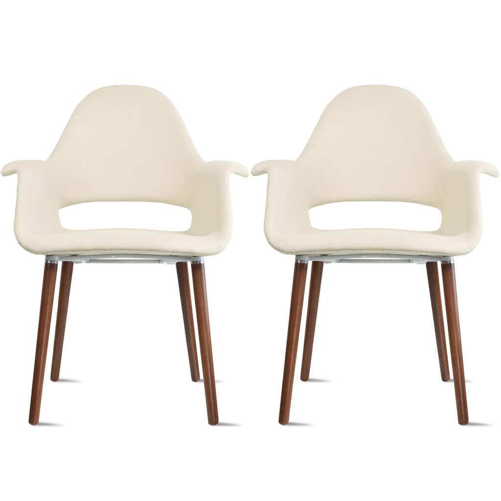 Set of 2 Organic Upholstered Fabric Modern Armchairs with Dark Walnut Brown Wooden Legs for Dining Room Office or Accent Chair