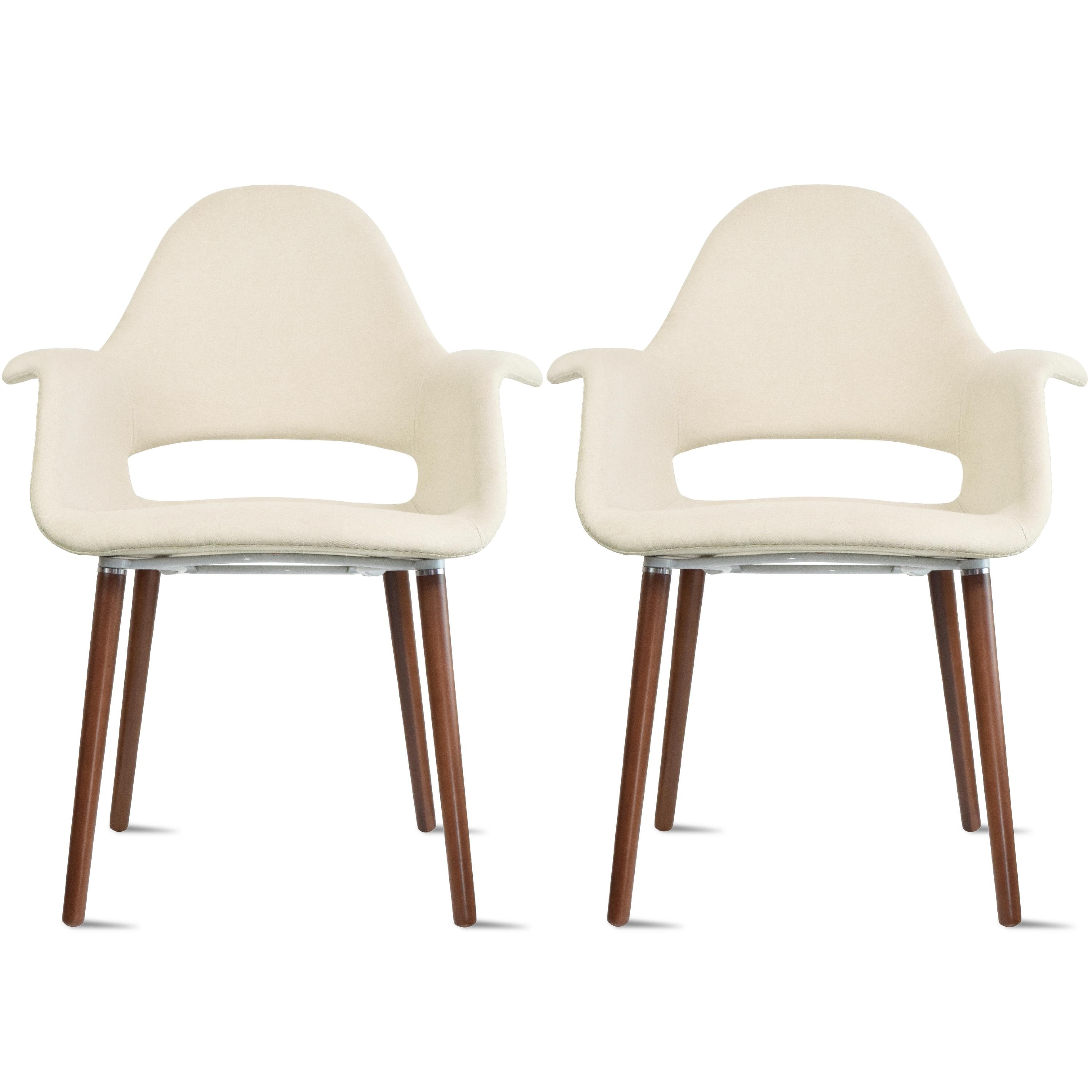 Set of 2 Organic Upholstered Fabric Modern Armchairs with Dark Walnut Brown Wooden Legs for Dining Room Office or Accent Chair
