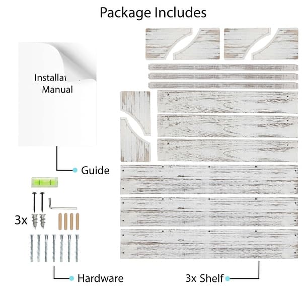dimension image slide 0 of 2, Wallniture Angel Decorative Rustic White Hanging Shelves, 30 inch Wood Wall Mounted Display Shelf for Home and Office, 3 pcs