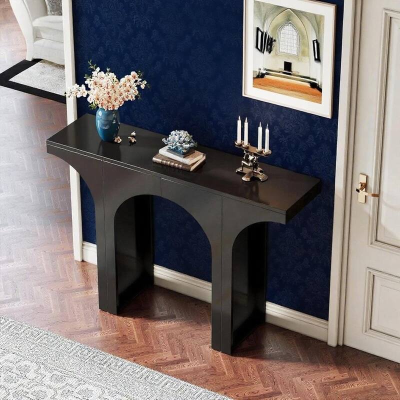 Black Wood Console Table with Arched Base and Sturdy Display - 47.24” L x 11.81” W x 33.86” H