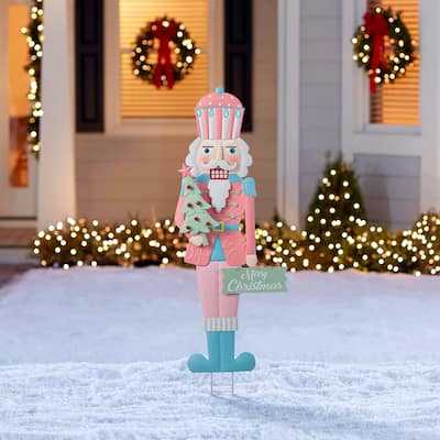 Glitzhome 36"H Metal Christmas Pink Nutcracker Yard Stake Wall Decor - Multi