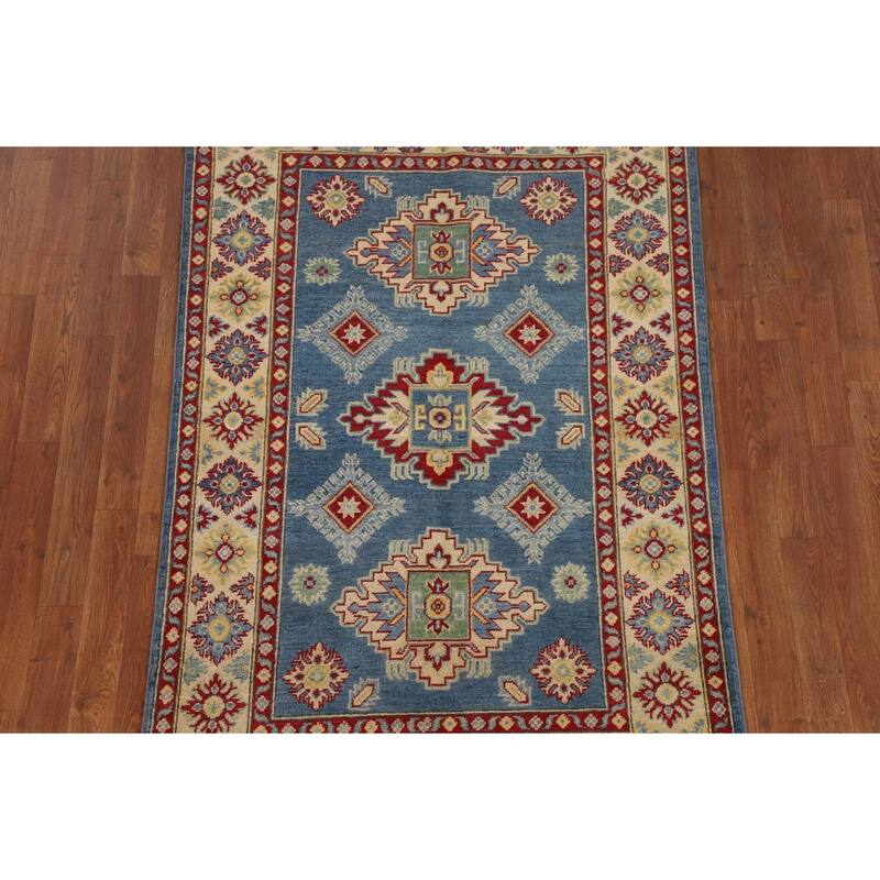 Geometric Kazak Area Rug Hand-Knotted Oriental Blue Wool Carpet - 3'7" x 5'9"