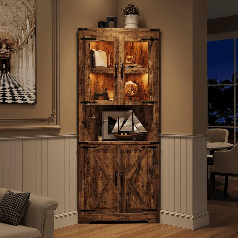 Tall Corner Cabinet, Farmhouse Corner Storage Cabinet with Glass Door & Adjustable Shelves, Space Saving Storage
