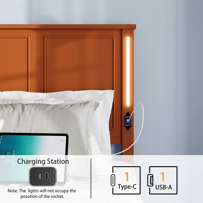 Modern Queen Size Bed Frame with Wood Headboard, LED Light Bar and Charging Station, No Box Spring Needed, Bedroom Furniture