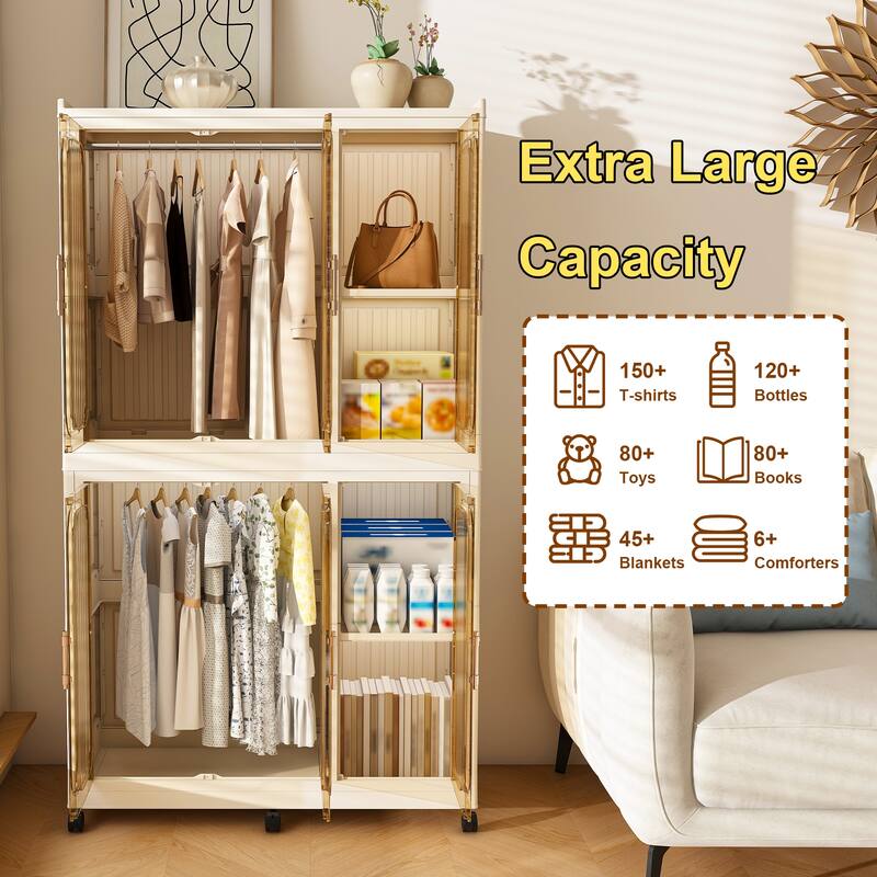 Portable Wardrobe Closet Organizer,Clothes Dresser,6 Magnetic Doors-6 Cubes&2 Hanging Rod,6 pcs hangers,Baby Wardrobe Cabinet