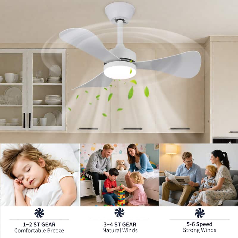 28 in. Modern Downrod Mount Ceiling Fan with 3-Color Light, 3 ABS Blades, Reversible DC Motor