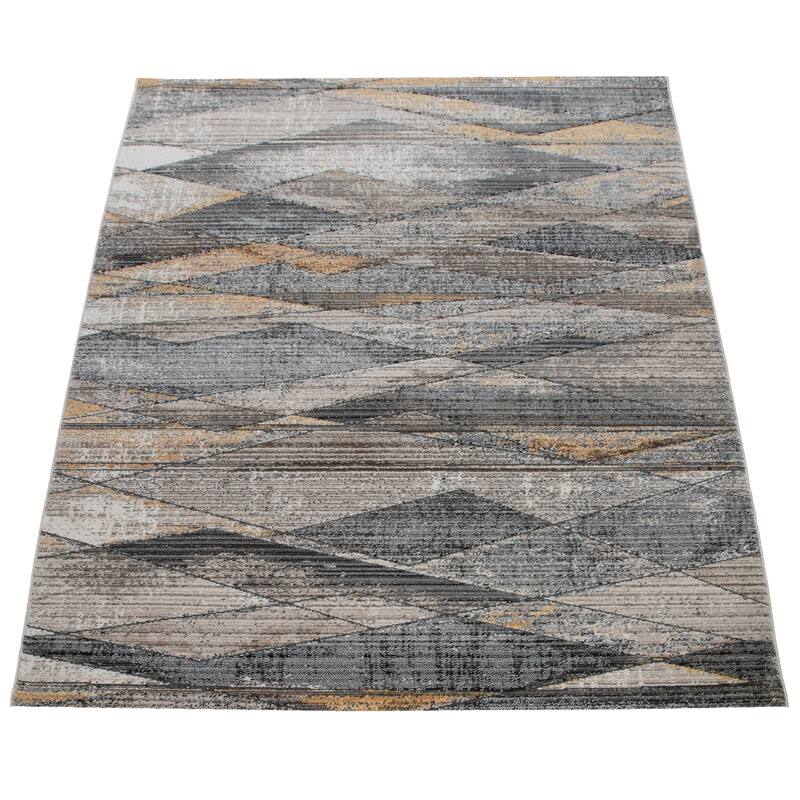 Modern Rug For Living Room, Abstract Design 3D Effect In Grey Yellow