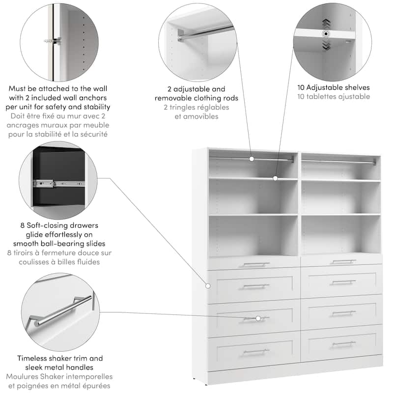 Bestar Florence 71W x 16D Closet System with Drawers, Shaker