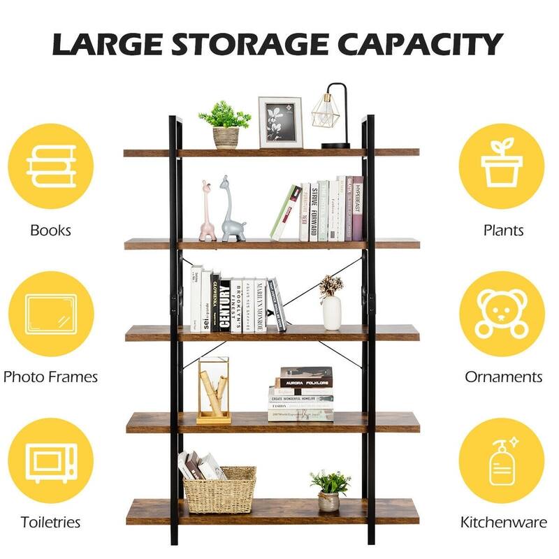 5-Tier Industrial Bookshelf Bookcase Open Storage Shelf Display Rack - 47" x 12.5" x 70" (L x W x H)