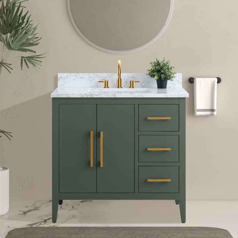 Vanity Art 36" Single Sink Bathroom Vanity Cabinet with Engineered Marble Countertop - 36"/Golden Brushed Handle - Vintage Green