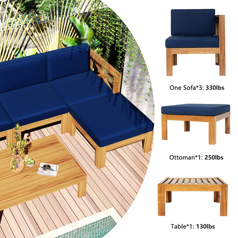 5 Piece Outdoor Patio Furniture Set, All Weather Outdoor Conversation Set, Wooden Sectional Sofa Set with Coffee Table