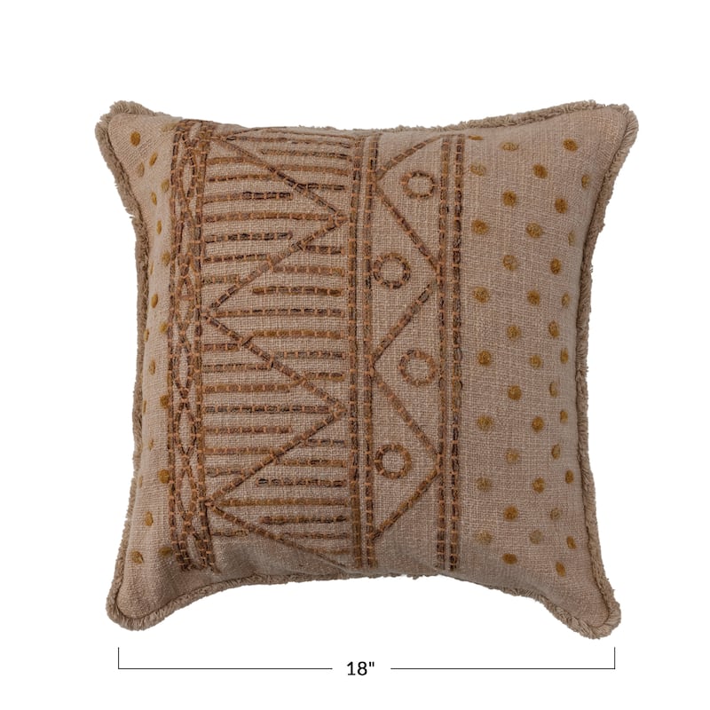 Cotton Slub Throw Pillow with Geometric Embroidery and Fringe