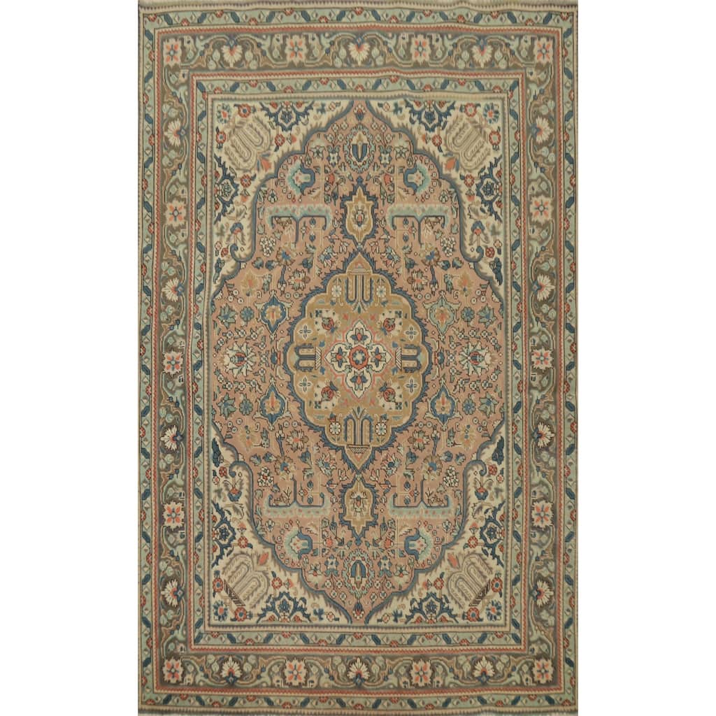 Hand Knotted Oriental 100% Wool Carpet Traditional Floral Pink Tabriz Area Rug - 6' 6'' X 4' 10''
