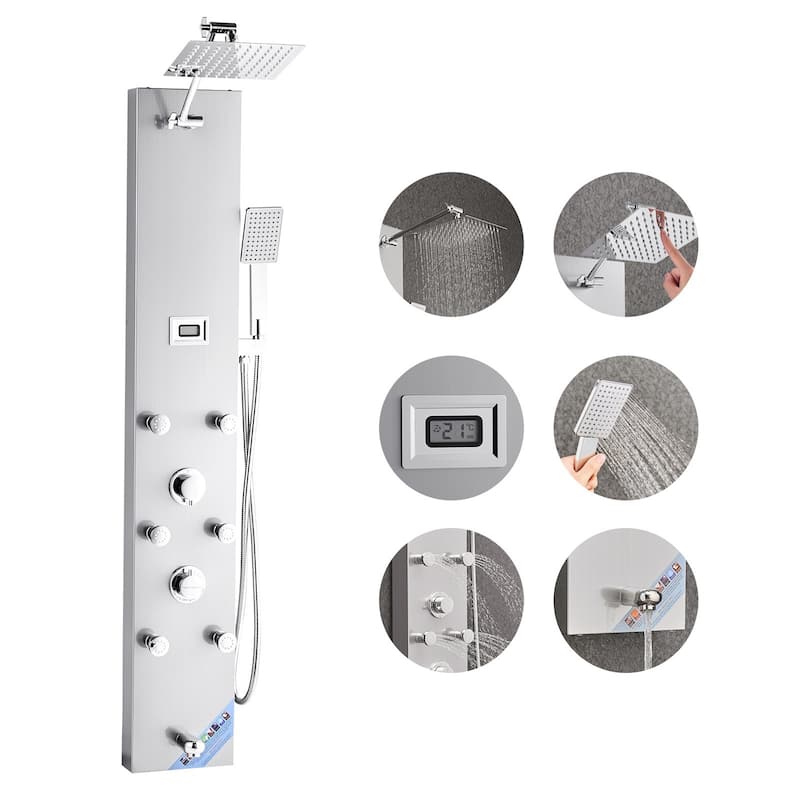 LCD Screen Wall-Mounted Handheld Shower Tower System with Rain Shower and Massage Jets - 48.8” x 7.9” x 16.9”