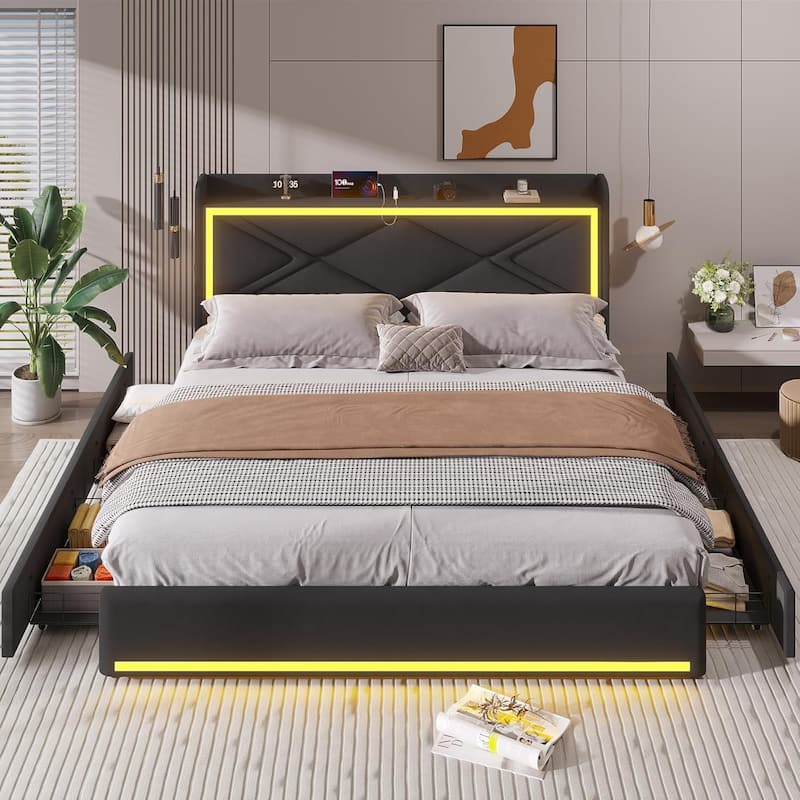 Bed Frame LED Lights Headboard & USB-C/A Charging Station 4 Drawers