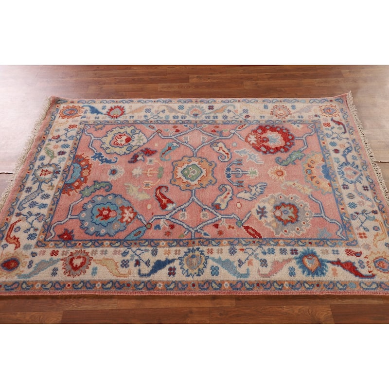 Floral Oushak Oriental Area Rug Hand-Knotted Wool Carpet - 4'0"x 5'9"