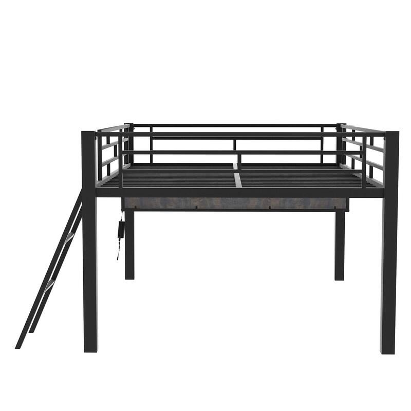 Twin/Full Size Gaming Mid Loft Bed with Gaming Desk and LED Lights, Low Metal Loft Bedframe with Ladder for Kids Teens