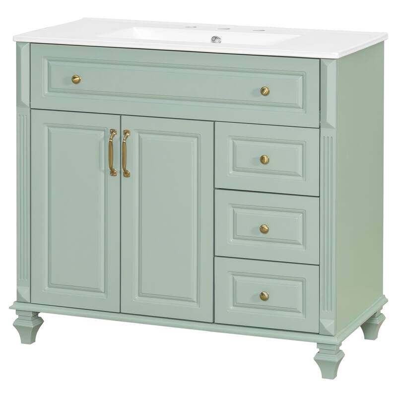 36" Bathroom Vanity with Sink - Solid Wood Cabinet with Flip Drawer, 3 Drawers & 2 Doors, Gold Handles, Modern Vanity