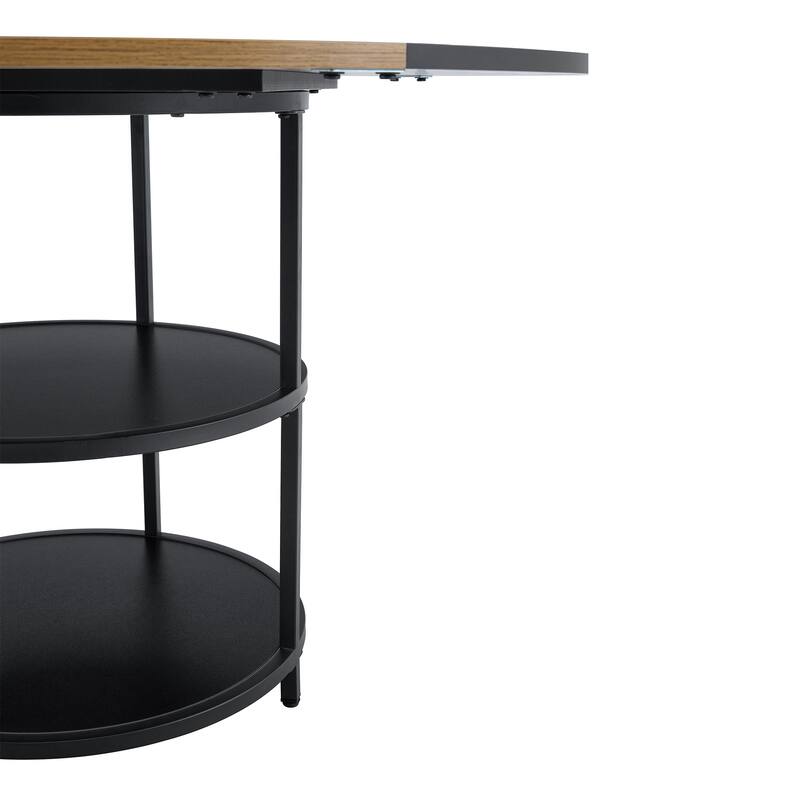 Roomfitters 47 Inch Round Dining Table with Double-Layer Storage and Diagonal Wood Black Top for Modern Spaces, Black+Wood
