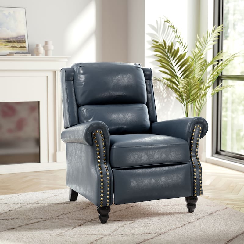 Nail-head Padded Seat Pushback Recliner Chair - Navy Blue PU