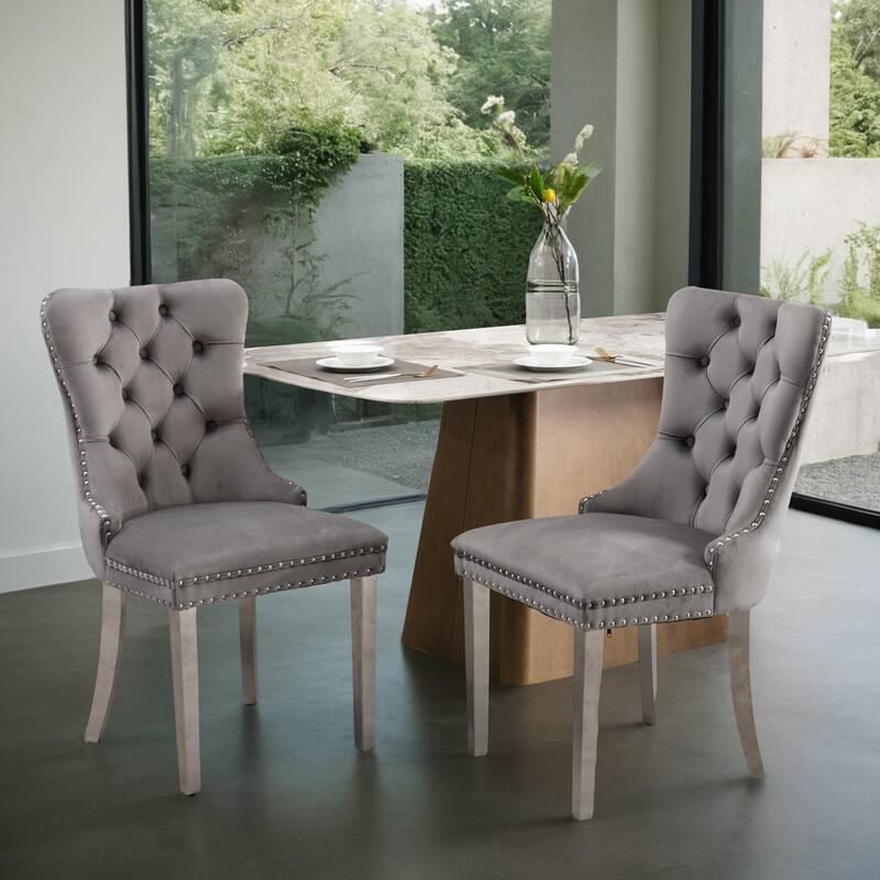 Solid Wood Contemporary Velvet Upholstered Dining Chair with Golden Stainless Steel Plating Legs,Nailhead Trim,Set of 2 - Gray