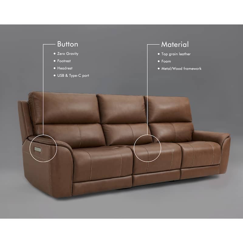 113.5" W Premium Genuine Leather Triple-Power Double Width Sofa with Zero Gravity, USB & Type-C Ports