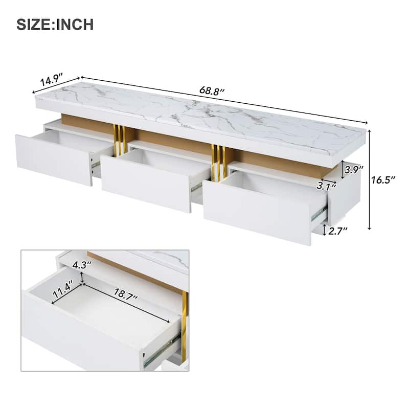 High Gloss TV Stand Media Console Table with Faux Marble Top for TVs Up to 78'', Living Room Entertainment Center with 3 Drawers