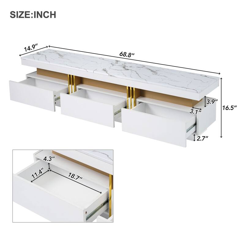Luxury TV Stand with High Gloss Faux Marble Top for TVs Up to 78'', Rectangle Media Console with Golden Panel.